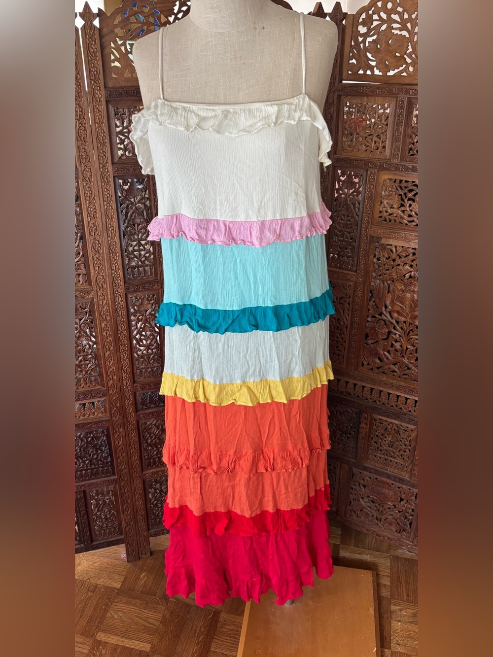 Sugarlips White Textured Dress with multi-color ruffles